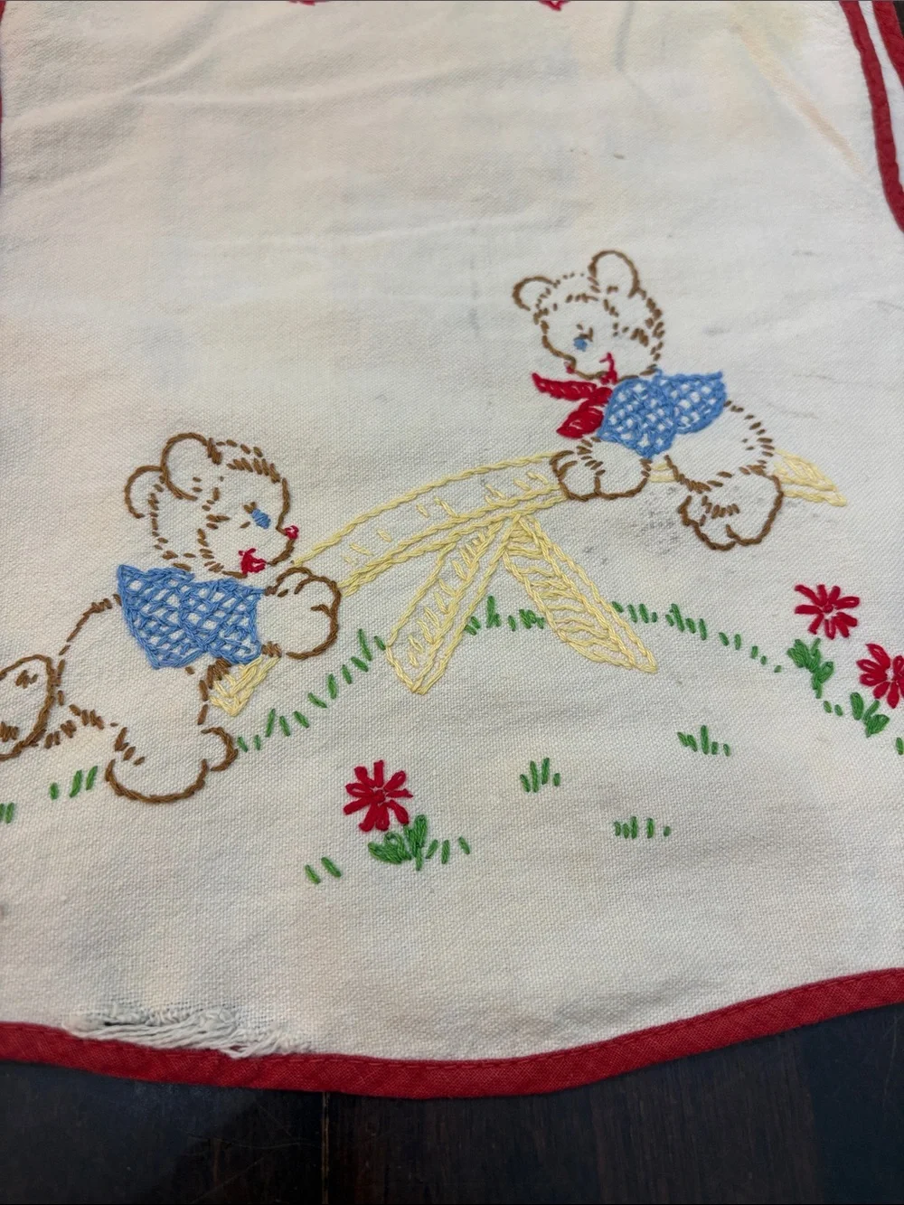 Vintage White and Red Bib Apron with Embroidered Teddy Bears